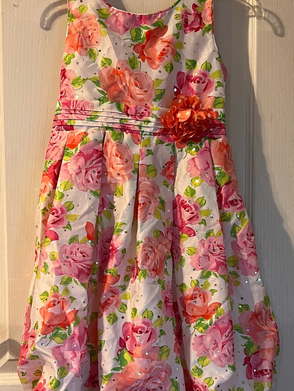 Girls white pink floral w/rhinestones dress sz 10